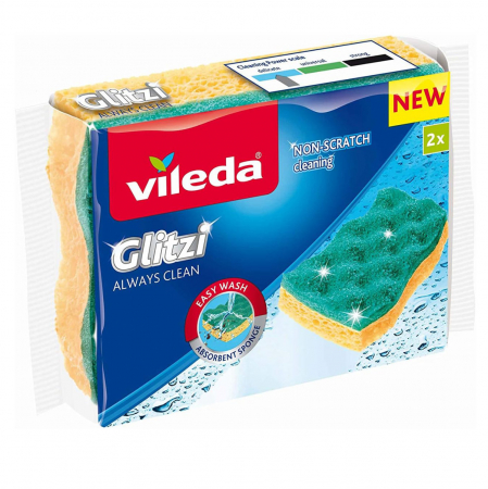 Bureti si spalatoare - Set 2 bureti Vileda Glitzi Always Clean, cu suprafata abraziva si absorbanta, galben cu verde