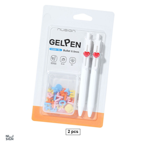 Birotica papetarie - Set 2 pixuri cu gel Nusign Puzzle, cu mecanism, varf 0.5 mm, cerneala albastra, cu 1 set de litere decorative pentru clip, in blister
