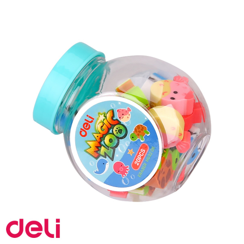Birotica papetarie - Set 20 radiere in forma de animalute Deli Mini Zoo, ambalate in borcan plastic, pentru copii