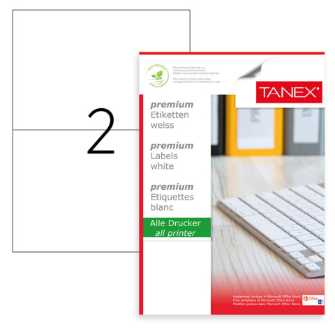Hartie - Set 200 etichete autoadezive A4, 100 coli, 2 etichete/coala, 210x148.5 mm, albe, colturi drepte, pentru imprimante laser si inkjet, Tanex TW-2102
