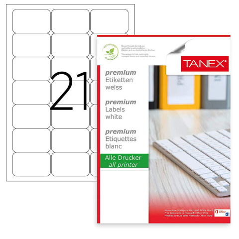 Hartie - Set 2100 etichete autoadezive, 100 coli A4, 21 etichete/coala, 63.5x38.1 mm, albe, colturi rotunde, pentru imprimante laser si inkjet, Tanex TW-2021