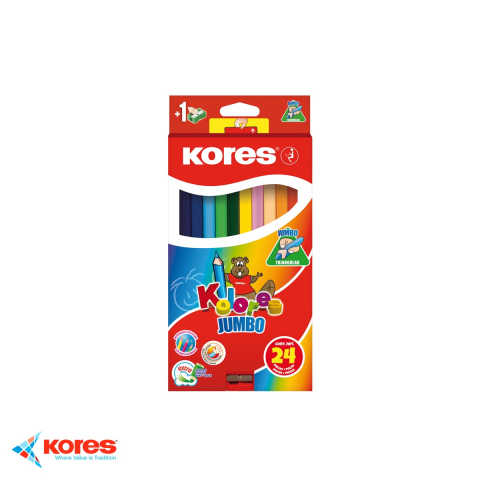 Birotica papetarie - Set 24 creioane colorate Kores Jumbo, triunghiulare ergonomice cu ascutitoare inclusa, pentru copii