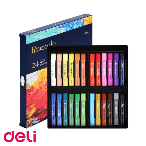 Birotica papetarie - Set 24 culori ulei pastel profesionale Deli Finenolo, parafina de calitate, lavabile, pentru desen si arta