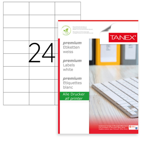 Hartie - Set 2400 etichete autoadezive, 100 coli A4, 24 etichete/coala, 70x37.125 mm, albe, colturi drepte, pentru imprimante laser si inkjet, Tanex TW-2037