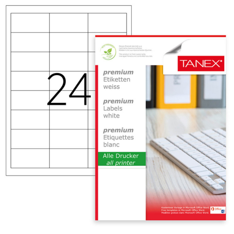 Hartie - Set 2400 etichete autoadezive A4, 100 coli, 24 etichete/coala, 64.6x33.8 mm, albe, colturi drepte, pentru imprimante laser si inkjet, Tanex
