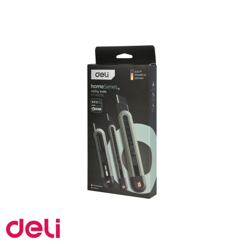 Cuttere si lame de rezerva - Set 3 cuttere Deli Home Series, lame inox innegrite 9mm/18mm/retragere automata, pentru uz casnic si birou