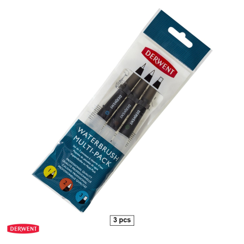 Birotica papetarie - Set 3 pensule cu rezervor de apa Derwent, 2 cu varf rotund si 1 cu varf tesit