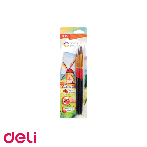 Birotica papetarie - Set 3 pensule Deli par natural de ponei, varfuri rotunde nr 2, 5, 8, pentru pictura acrilica, acuarela si ulei