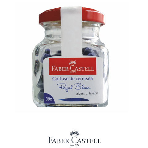 Birotica papetarie - Set 30 Cartuse Cerneala Albastru Royal pentru Stilou, Care Poate fi Stearsa, Faber-Castell, in Borcan pentru Depozitare, Standard International