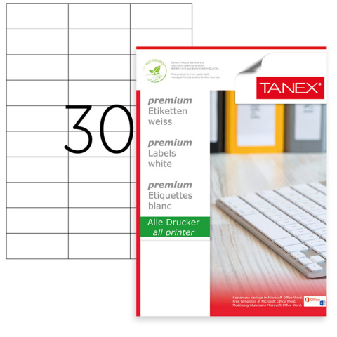 Hartie - Set 3000 etichete autoadezive A4, 100 coli, 30 etichete/coala, 70x29.7 mm, albe, colturi drepte, pentru imprimante laser si inkjet, Tanex TW-2229