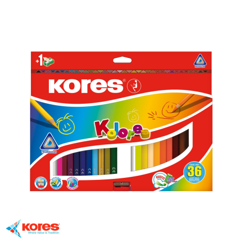 Birotica papetarie - Set 36 creioane colorate triunghiulare Kores, mina super moale cu pigment intens, cu ascutitoare inclusa, pentru desen si colorat