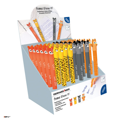 Birotica papetarie - Set 36 pixuri cu gel Eberhard Faber Animal Erase it!, modele bufnita, caprioara, raton si leopard, 0,7 mm, albastru, reincarcabile, se pot sterge