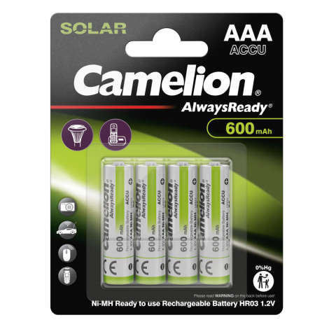 Acumulator R3 / AAA - Set 4 Acumulatori AAA Reincarcabili Camelion Solar, Ni-MH 600mAh, Preincarcati, Pentru Telecomenzi, Jucarii, Dispozitive cu Consum Redus, Blister