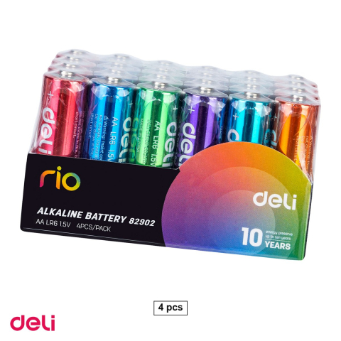 Energy - Set 4 baterii alcaline colorate Deli AA R6, 1.5 V, fara mercur si cadmiu