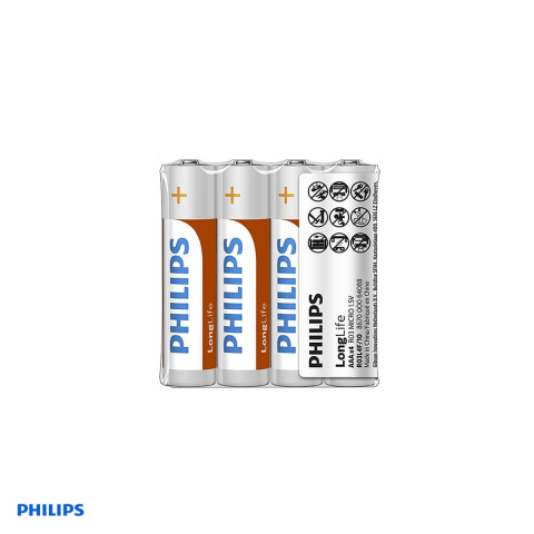 Baterii Alcaline LR06 - Set 4 baterii Philips AAA LR03 Longlife Power Alkaline, 1,50 V, in folie