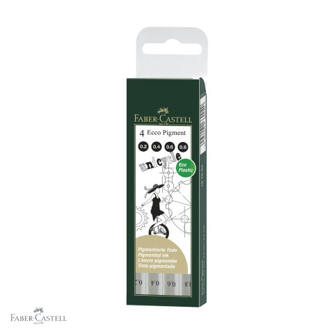 Finelinere - Set 4 linere Faber-Castell Ecco Pigment negre, varf metalic, rezistente la apa, pentru desen si schite