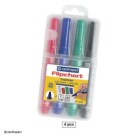 Accesorii prezentare - Set 4 markere Centropen 8550, pentru flipchart, varf rotund 2.5 mm, 4 culori