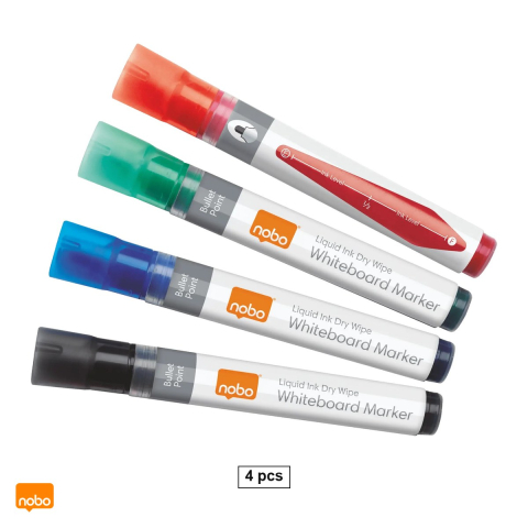 Accesorii prezentare - Set 4 markere Nobo, cu cerneala lichida, pentru whiteboard si flipchart, varf 3 mm, 4 culori
