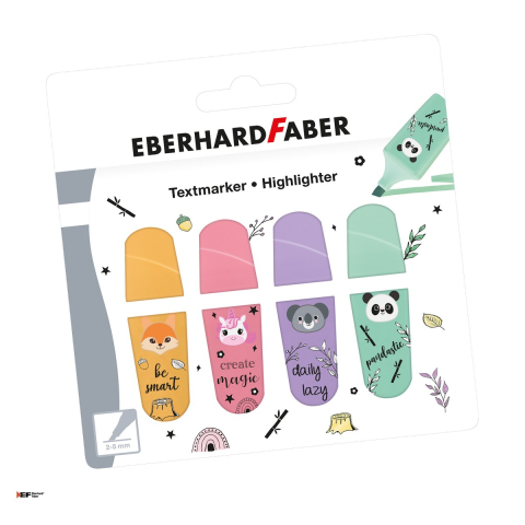 Birotica papetarie - Set 4 mini textmarkere Eberhard Faber Animal, cutie de carton cu 4 culori