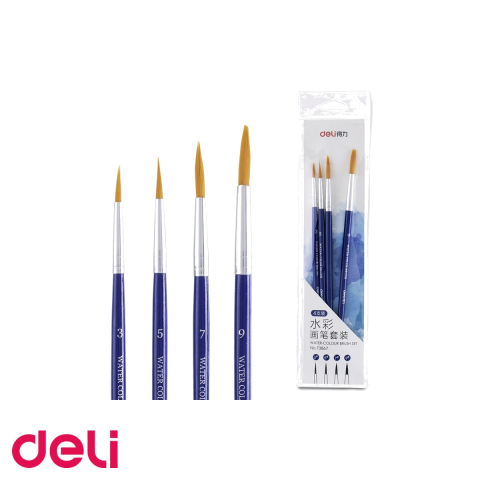 Birotica papetarie - Set 4 pensule pictura Deli, varf rotund, marimi 3-5-7-9, peri nailon, pentru detalii si mixare culori