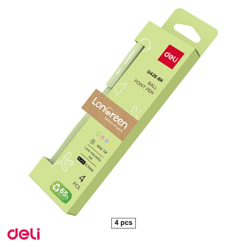 Birotica papetarie - Set 4 pixuri Deli Longreen, cu mecanism, varf 0.7 mm, cerneala neagra, corp in 4 culori pastel