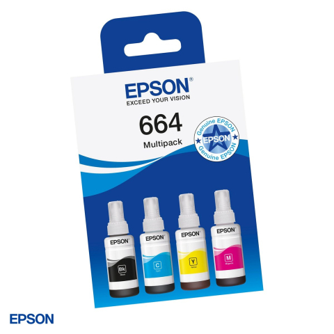 Cartuse imprimante inkjet - Set 4 sticle de cerneala Epson 664 EcoTank, 280 ml in total, pentru imprimante EcoTank seria L, negru, cyan, magenta, galben, C13T66464A