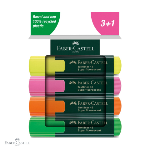 Markere - Set 4 textmarkere Faber-Castell 1548, varf tesit, cerneala pe baza de apa, pentru birou si scoala