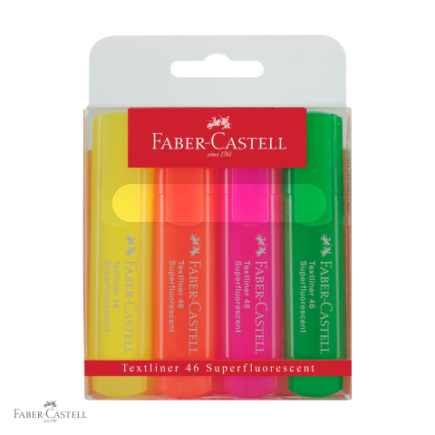 Markere - Set 4 textmarkere Faber-Castell, culori superfluorescente, cerneala pe baza de apa, pentru birou si studiu