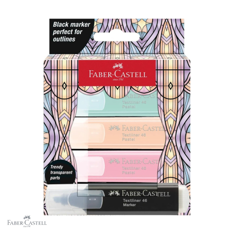 Markere - Set 4 textmarkere pastel Faber-Castell editie speciala Glassy, varf tesit, cerneala pe baza de apa