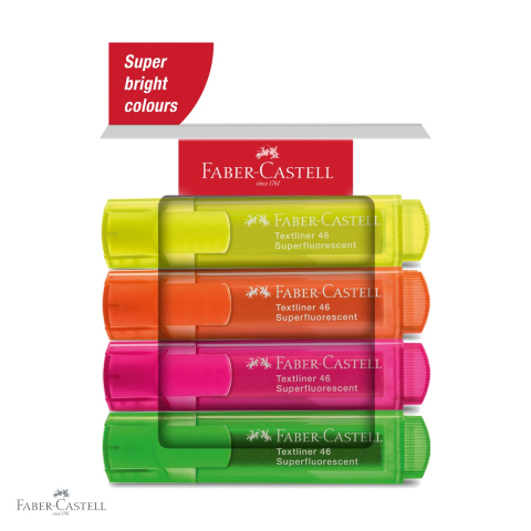 Markere - Set 4 textmarkere superfluorescente Faber-Castell 1546, varf tesit, 3 grosimi de scriere, cerneala pe baza de apa