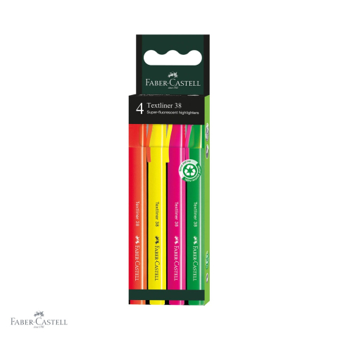 Markere - Set 4 textmarkere superfluorescente Faber-Castell 38, varf tesit, 2 grosimi de scriere, pentru birou si studiu