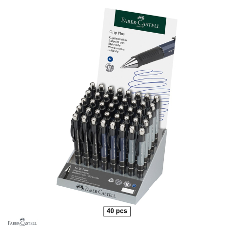 Instrumente de scris - Set 40 pixuri Faber-Castell Grip Plus, cu mecanism prin apasare, clip elastic, varf si buton din metal, zona de prindere triunghiulara cauciucata, rezerva M albastra, in display
