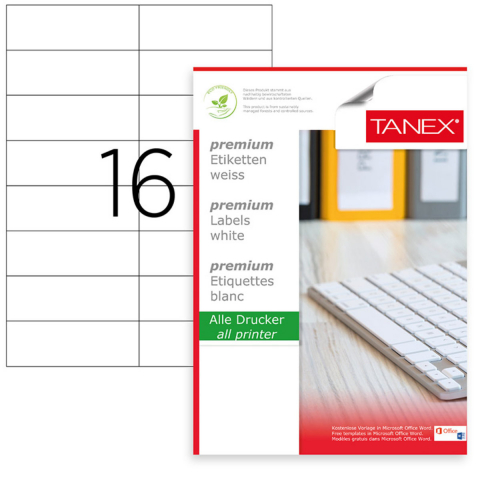 Hartie - Set 400 etichete autoadezive A4, 25 coli, 16 etichete/coala, 105x37 mm, albe, colturi drepte, pentru imprimante laser si inkjet, Tanex