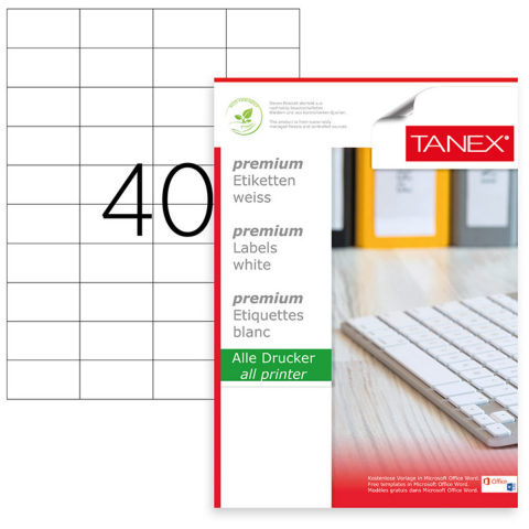 Hartie - Set 4000 etichete autoadezive A4, 100 coli, 40 etichete/coala, 52.5x29.7 mm, albe, colturi drepte, pentru imprimante laser si inkjet, Tanex TW-2040