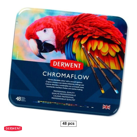 Creioane colorate si carioci - Set 48 creioane colorate Derwent Chromaflow, 48 culori, in cutie metalica
