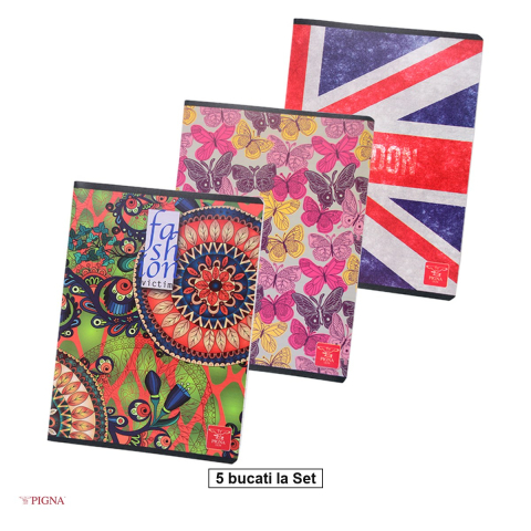 Birotica papetarie - Set 5 caiete Pigna A5, din polipropilena, 48 file, dictando, coperta pp