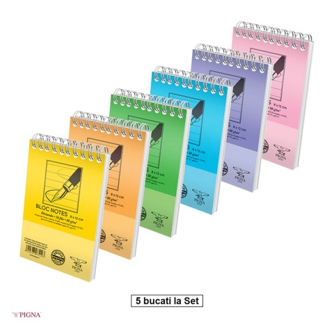 Birotica papetarie - Set 5 blocuri notes Pigna Basic, A7, 50 file, dictando, 60 g/mp, spira, 80x120 mm