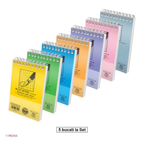 Birotica papetarie - Set 5 blocuri notes Pigna Basic, A7, 50 file, matematica, 60 g/mp, spira aritmetica, 80x120 mm