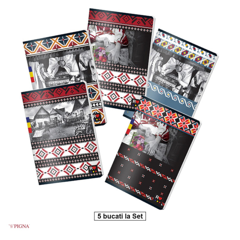 Birotica papetarie - Set 5 caiete Pigna Licente Ethno, A5, 48 file, matematica, 200 g/mp, aritmetica diverse modele