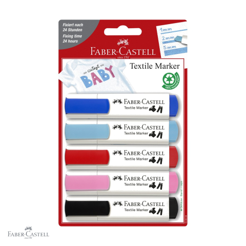 Markere textile - Set 5 markere textile Faber-Castell, varf tesit 3 grosimi, rosu si albastru, pentru personalizare tesaturi