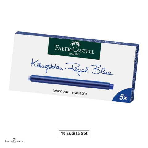 Birotica papetarie - Set 50 cartuse standard mari Faber-Castell cu cerneala albastru regal care se poate sterge, 10 cutii, pentru stilouri