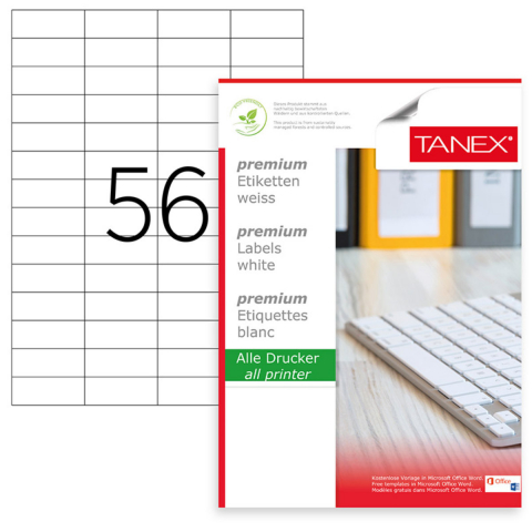 Hartie - Set 5600 etichete autoadezive A4, 100 coli, 56 etichete/coala, 52.5x21.2 mm, albe, colturi drepte, pentru imprimante laser si inkjet, Tanex TW-2321