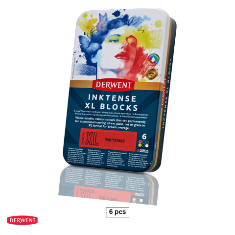Creioane colorate si carioci - Set 6 batoane carbune solubil Derwent Inktense XL, culori diverse, in cutie metalica