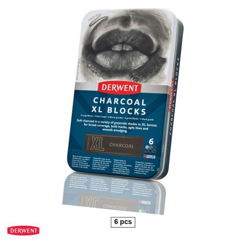 Creioane colorate si carioci - Set 6 batoane carbune solubil Derwent Inktense XL, nuante de gri, in cutie metalica
