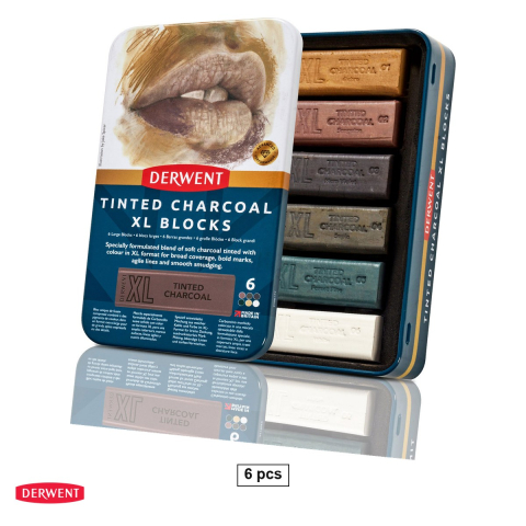 Creioane colorate si carioci - Set 6 batoane carbune solubil Derwent Inktense XL, nuante pamantii, in cutie metalica