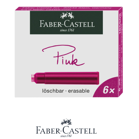 Birotica papetarie - Set 6 Cartuse Cerneala Roz Vibrant pentru Stilou, Care Poate fi Stearsa, Faber-Castell, Pentru Creativitate si Planificare, Standard International