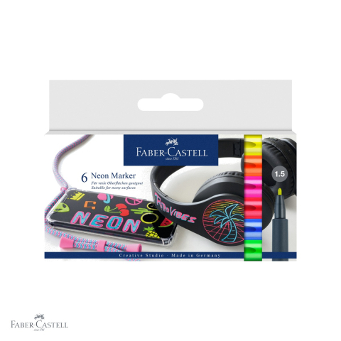 Markere - Set 6 markere creative neon Faber-Castell, varf 1.5 mm, pentru hartie, sticla, plastic si metal