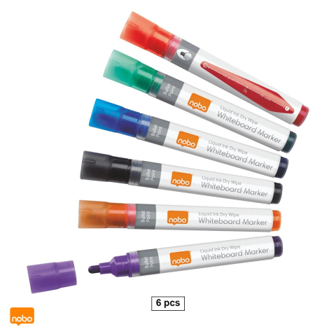 Accesorii prezentare - Set 6 markere Nobo, cu cerneala lichida, pentru whiteboard si flipchart, varf 3 mm, culori asortate