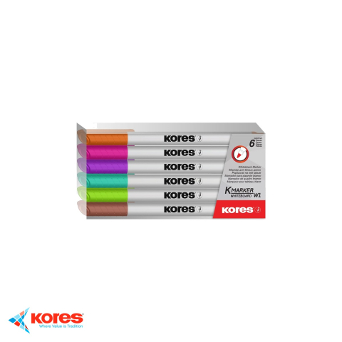 Birotica papetarie - Set 6 markere whiteboard slim Kores, culori intense, stergere usoara, pentru table albe