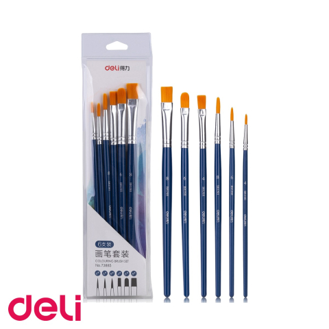 Birotica papetarie - Set 6 pensule pictura Deli, varf tesit si rotund, peri nailon moale, pentru acrilice, acuarela si ulei